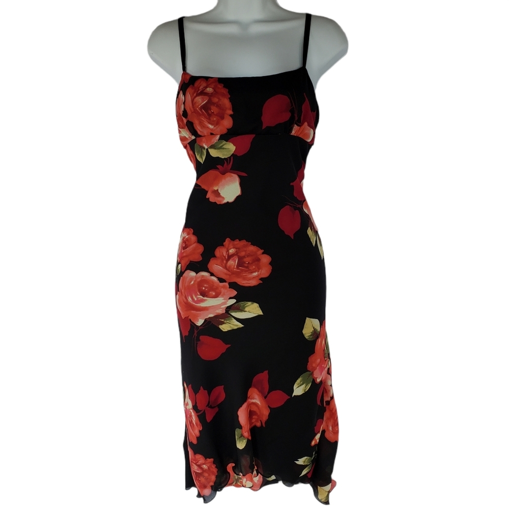 SOLD Necessary Objects Black Red Floral Dress Sz M - Picture 1 of 10